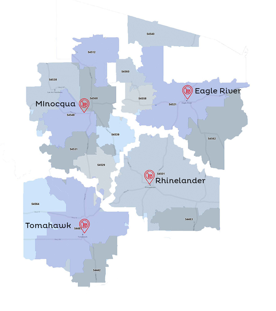 Image Map of our Trigs To Go Delivery Areas for each stores in Wisconsin.