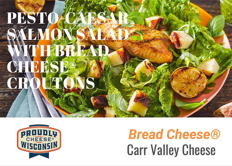 Click this image of the recipe card to download your copy of the Pesto Caesar Salmon Salad with Bread Cheese Croutons Recipe