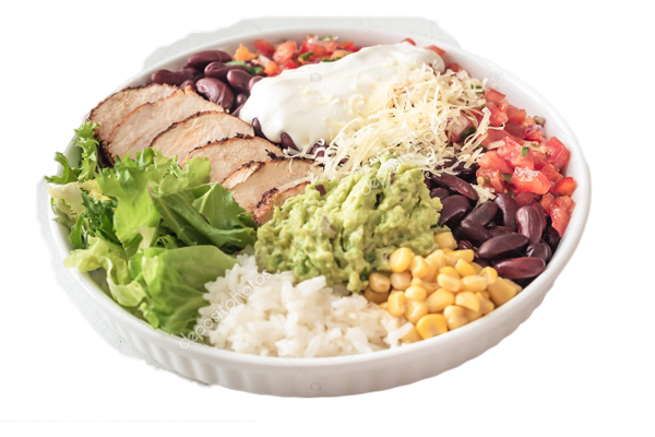 Image of Trig's taqueria burrito bowl ingredients. made fresh daily.