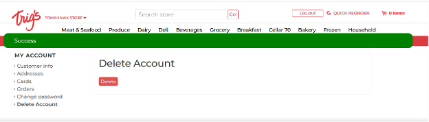 Image of account deletion from within website - success message.
