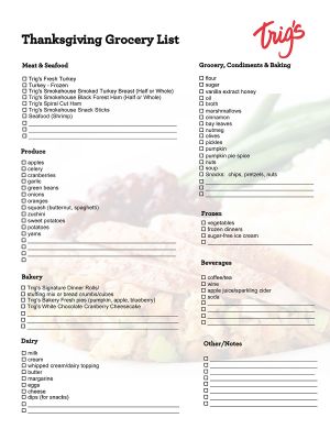 Click this image to download and print our Trig's Thanksgiving Grocery Shopping List.