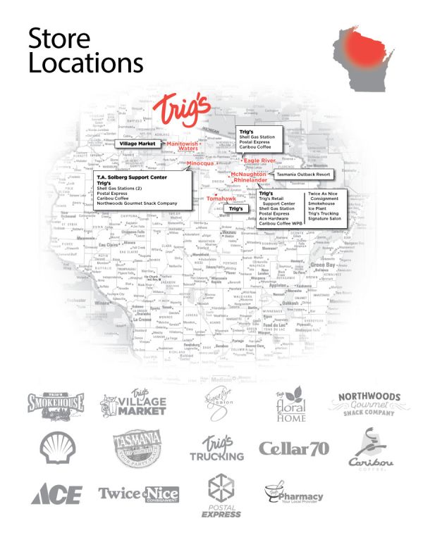 Click this image of the Trig's store locations, service entities, and family of organizations for a PDF version of our map.