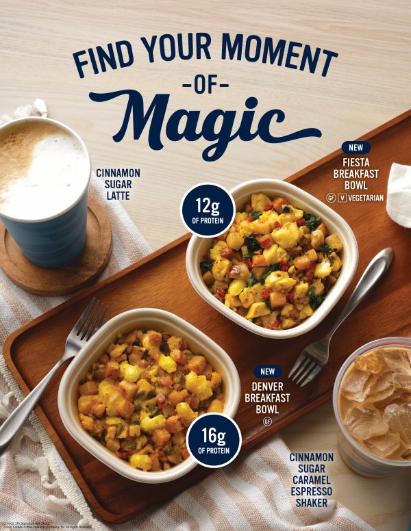 Enjoy the new 2026 Drink Menu available at our Caribou full-service locations. Image of new Cinnamon flavored drinks for. 2026 and protein bowls.