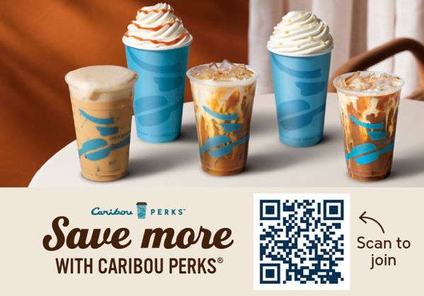 Image with QR Code to Sign up for Caribou Perks; scan the code, click this image or click the button below on this page to sign up at Caribou Coffee.